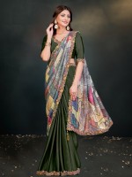 Dark Green Crepe Satin Silk Ready To Wear Saree